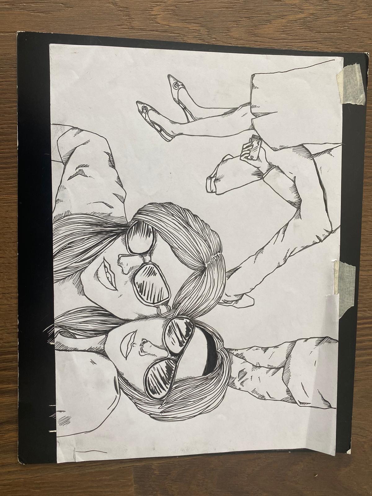 Two women sunbathing ink drawing