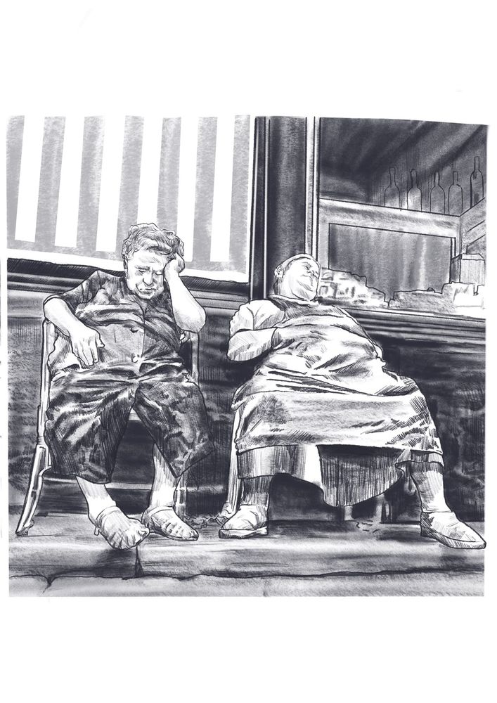 Two shopkeepers asleep in front of their shop, digital sketch