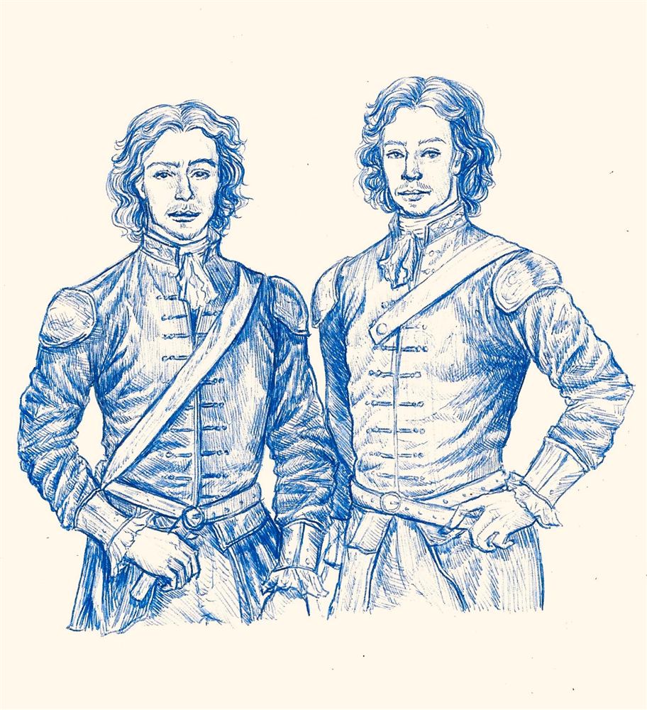 Two 18th century officers drawn in blue ballpoint