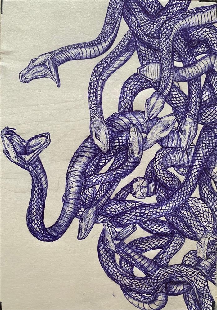 Intertwined snakes drawn in blue ballpoint pen
