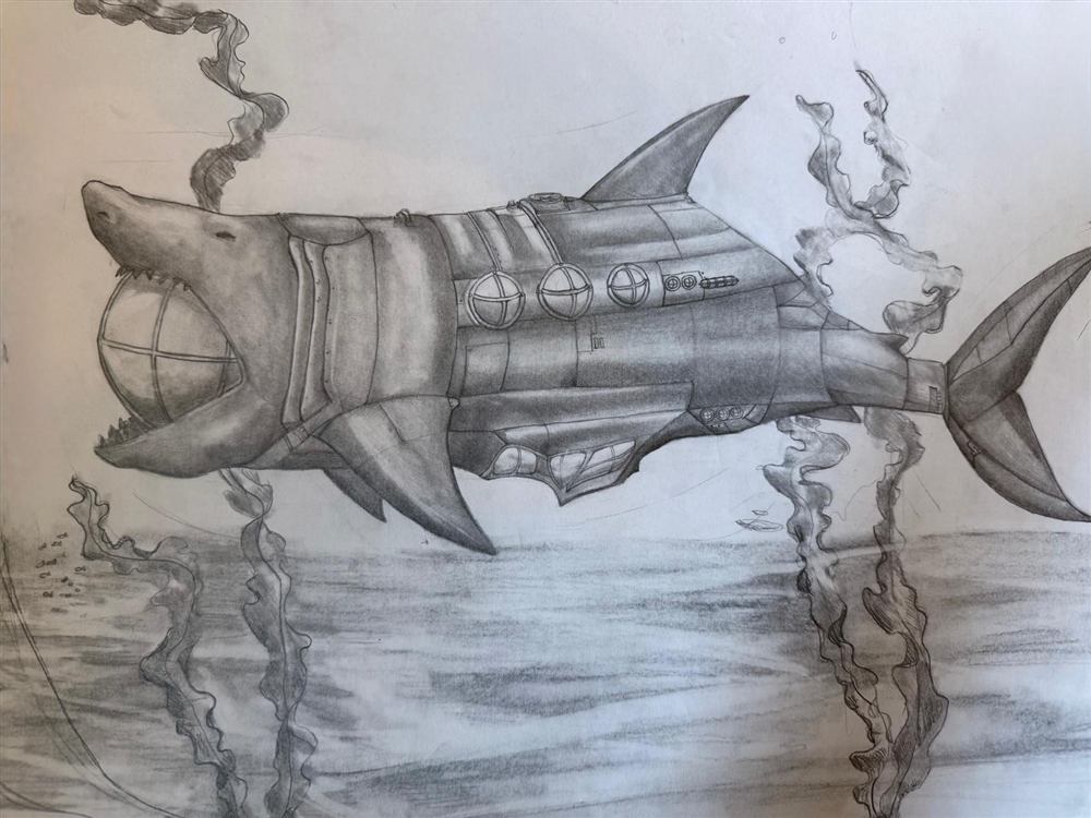 Steampunk shark submarine graphite drawing