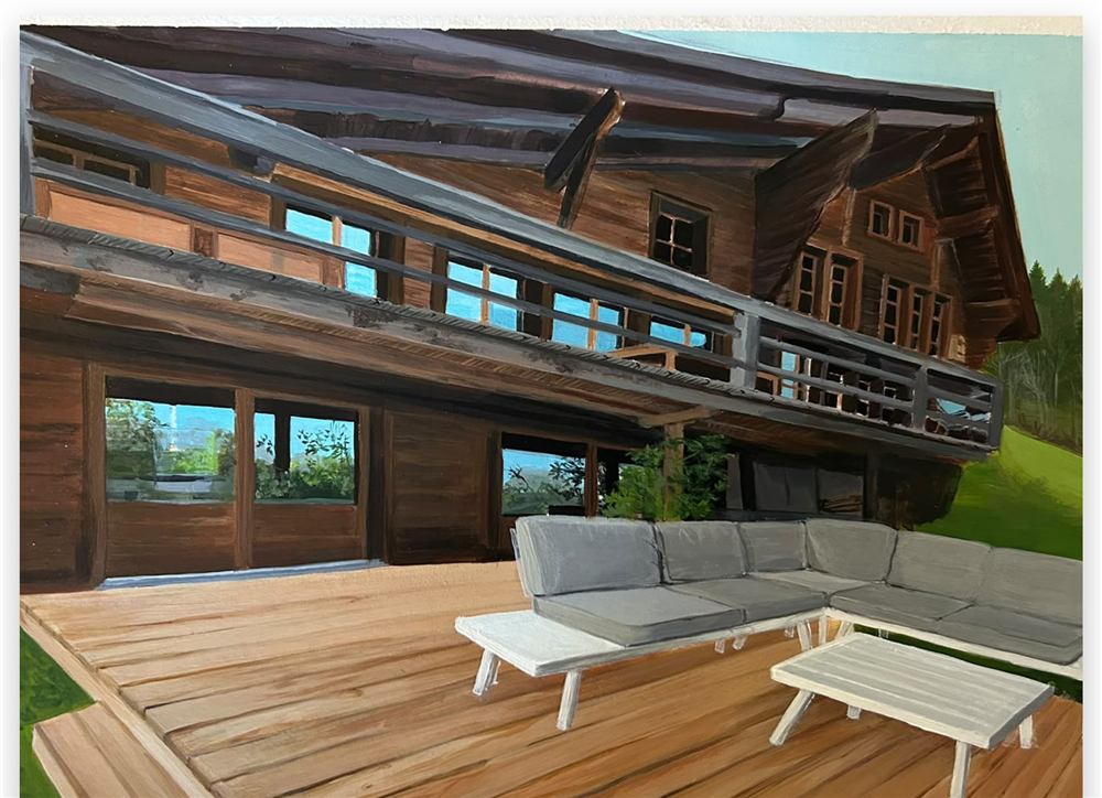 Gouache painting of a chalet terrace with lounge furniture