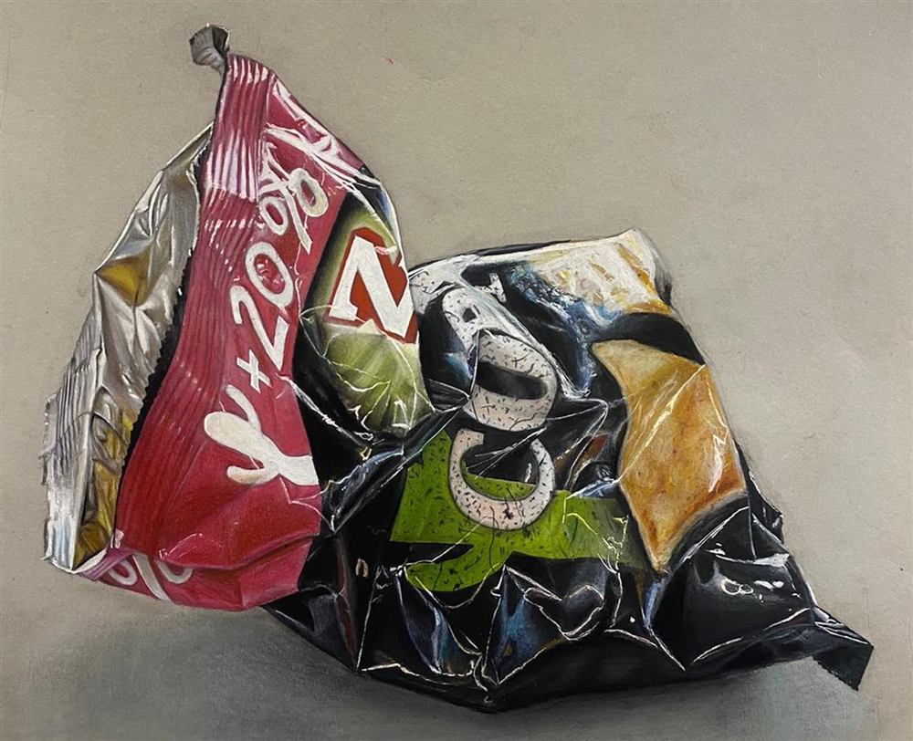 Hyperrealistic colored pencil drawing of crushed snack bags